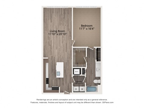 Floor plan for 1 bed, 1 bath, 862 sqft